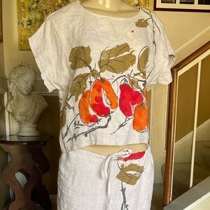 Linen Maxi Skirt Set w/Fruit Print. Boxy crop top, fits medium or small Women